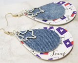 Texas Faux Leather Earrings with a Denim Finish Real Leather Overlay and Texas Charm