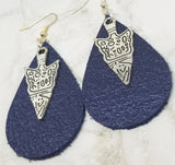 Shimmering Blue Teardrop Shaped Real Leather Earrings with Arrowhead Charm Overlay