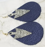 Shimmering Blue Teardrop Shaped Real Leather Earrings with Arrowhead Charm Overlay