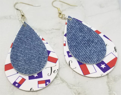 Texas Faux Leather Earrings with a Denim Finish Tear Drop Shaped Real Leather Overlay