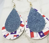 Texas Faux Leather Earrings with a Denim Finish Tear Drop Shaped Real Leather Overlay