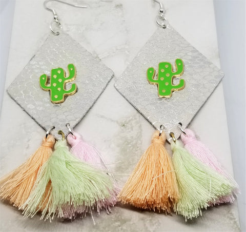 White and Silver Diamond Shaped Real Leather Earrings with String Tassels and a Metal Cactus Embellishment