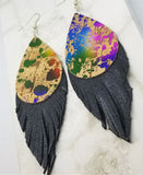Splatter Painted Cork Teardrops with Real Leather Fringe Earrings
