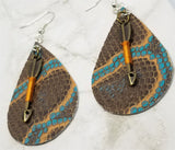 Brown and Turquoise Snakeskin Teardrop Shaped Real Leather Earrings with Arrow Charms