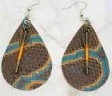 Brown and Turquoise Snakeskin Teardrop Shaped Real Leather Earrings with Arrow Charms