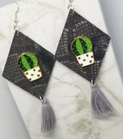 Snakeskin Patterned Diamond Shaped Real Leather Earrings with String Tassels and a Metal Cactus Embellishment