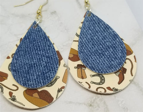 Cowboy Themed Faux Leather Earrings with a Denim Finish Tear Drop Shaped Real Leather Overlay