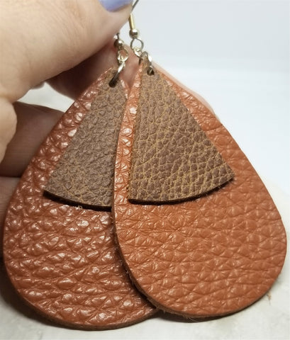 Large Brown Teardrop Shape with Rounded Triangle Overlay REAL Leather Earrings