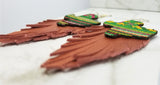 Embroidered Texas Patches with Copper Colored Fringed Real Leather Earrings