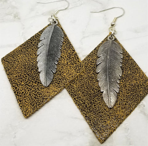 Diamond Shaped Leather Earrings with Silver Feather Charm Overlay