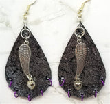 Silver Finish Tear Drop Shaped Real Leather Earrings with Wing and Heart Charms and Purple Ring "Piercings"