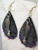 Silver Finish Tear Drop Shaped Real Leather Earrings with Wing and Heart Charms and Purple Ring "Piercings"