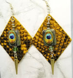 Diamond Shaped Scale Patterned Leather Earrings with Spike and Peacock Bead Overlay