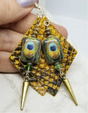 Diamond Shaped Scale Patterned Leather Earrings with Spike and Peacock Bead Overlay