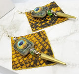 Diamond Shaped Scale Patterned Leather Earrings with Spike and Peacock Bead Overlay