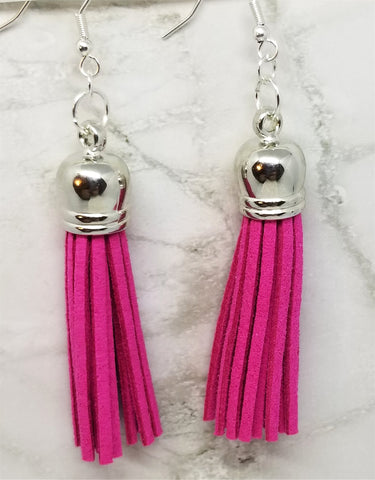 Real Leather Suede Hot Pink Tassel Earrings