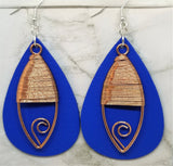 Blue Real Leather Earrings with Wire Wrapped Copper Oval Overlay