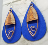 Blue Real Leather Earrings with Wire Wrapped Copper Oval Overlay