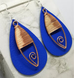 Blue Real Leather Earrings with Wire Wrapped Copper Oval Overlay