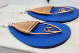 Blue Real Leather Earrings with Wire Wrapped Copper Oval Overlay