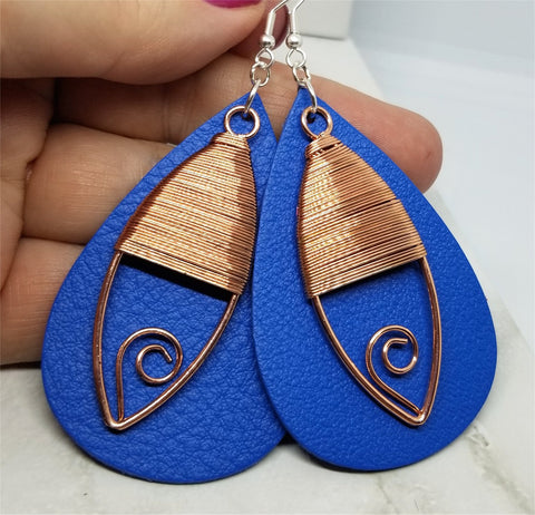 Blue Real Leather Earrings with Wire Wrapped Copper Oval Overlay