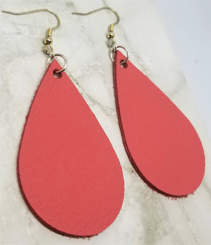 Pink Coral Tear Drop Shaped Real Leather Earrings