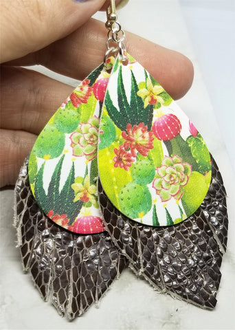 Cactus Faux Leather with Fringed Brown Scale Patterned Real Leather Earrings