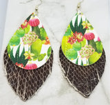 Cactus Faux Leather with Fringed Brown Scale Patterned Real Leather Earrings