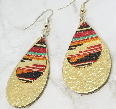 Metallic Gold Tear Drop Shaped Real Leather Earrings with Southwestern Themed Charm Overlay