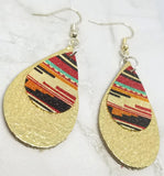 Metallic Gold Tear Drop Shaped Real Leather Earrings with Southwestern Themed Charm Overlay