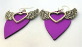 Fuchsia Teardrop REAL Leather Earrings with Winged Heart Charms