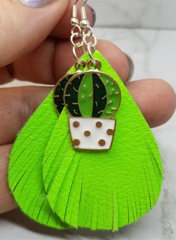 Neon Green REAL Leather Fringed Earrings with a Cactus Charm Overlay
