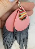 Fringed Real Leather Earrings with Southwestern Colored Metal Overlays