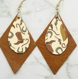 Cowboy Themed Faux Leather on Top of Brown Real Leather Diamond Shaped Earrings