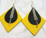 Diamond Shaped Mustard Yellow Leather Earrings with Black Leather and Chain Overlay