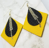 Diamond Shaped Mustard Yellow Leather Earrings with Black Leather and Chain Overlay