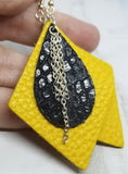 Diamond Shaped Mustard Yellow Leather Earrings with Black Leather and Chain Overlay