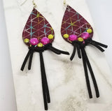 Real Suede Leather Fringed Earrings with Rhinestones