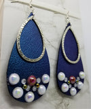 Blue Elongated Teardrop Shaped Real Leather Earrings with Teardrop Overlay and Pearl Rhinestone Embellishments