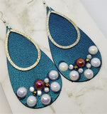 Blue Elongated Teardrop Shaped Real Leather Earrings with Teardrop Overlay and Pearl Rhinestone Embellishments