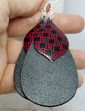 Black Elongated Teardrop Shaped Real Leather Earrings with Red and Black Pendant Overlays