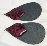 Black Elongated Teardrop Shaped Real Leather Earrings with Red and Black Pendant Overlays