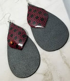 Black Elongated Teardrop Shaped Real Leather Earrings with Red and Black Pendant Overlays