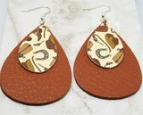 Cowboy Themed Faux Leather on Top of Brown Real Leather Teardrop Earrings