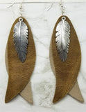 Layered Leather Earrings with Silver Feather Charm Overlay
