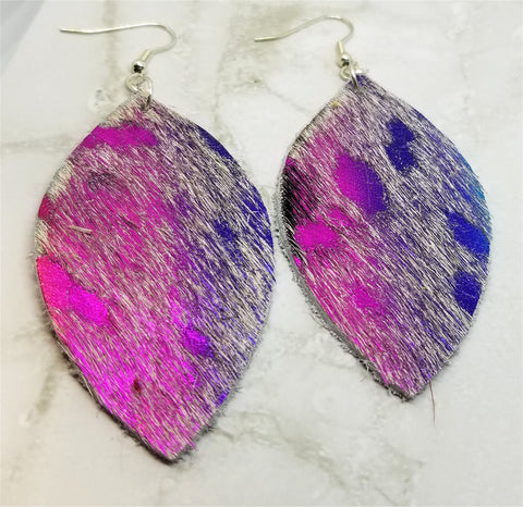 Metallic Pink and Purple with White Hair on Hide REAL Leather Almond Shaped Earrings