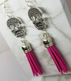Large Skull with Real Leather Suede Hot Pink Tassel Earrings