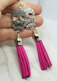 Large Skull with Real Leather Suede Hot Pink Tassel Earrings