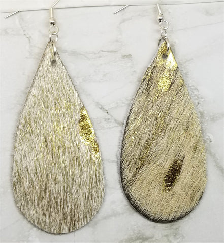 White and Gold Hair on Hide Leather Tear Drop Earrings