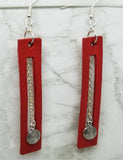 Red Bar with Cut Out Vegetable Tanned Leather Earrings with Chain Dangle